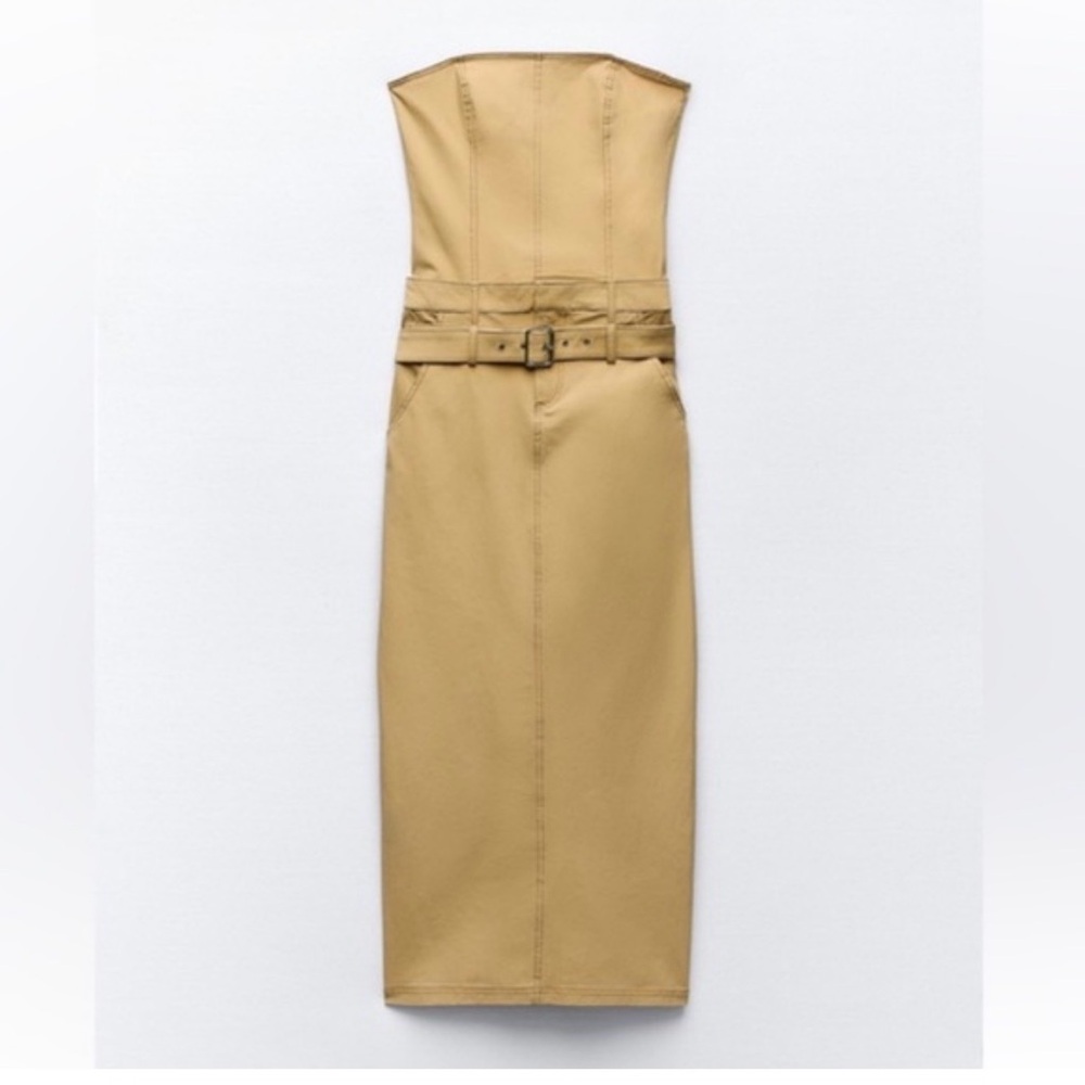 🫶 ZARA CARGO STRETCHY MIDI BELTED MUSTARD STRAPLESS DRESS